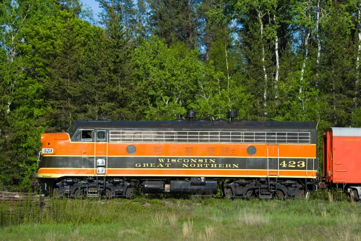 an orange train traveling down train tracks near a forest