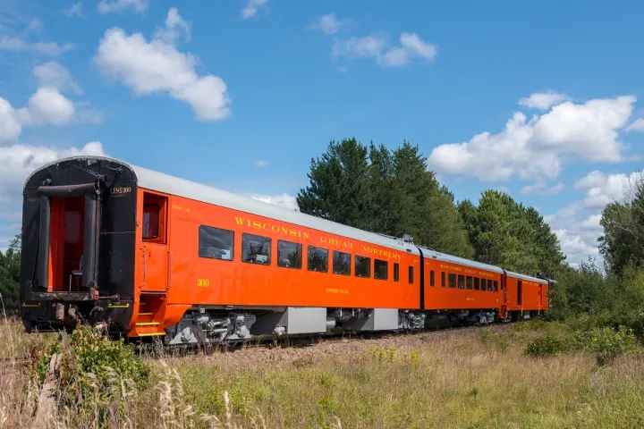 a train that is sitting in the grass