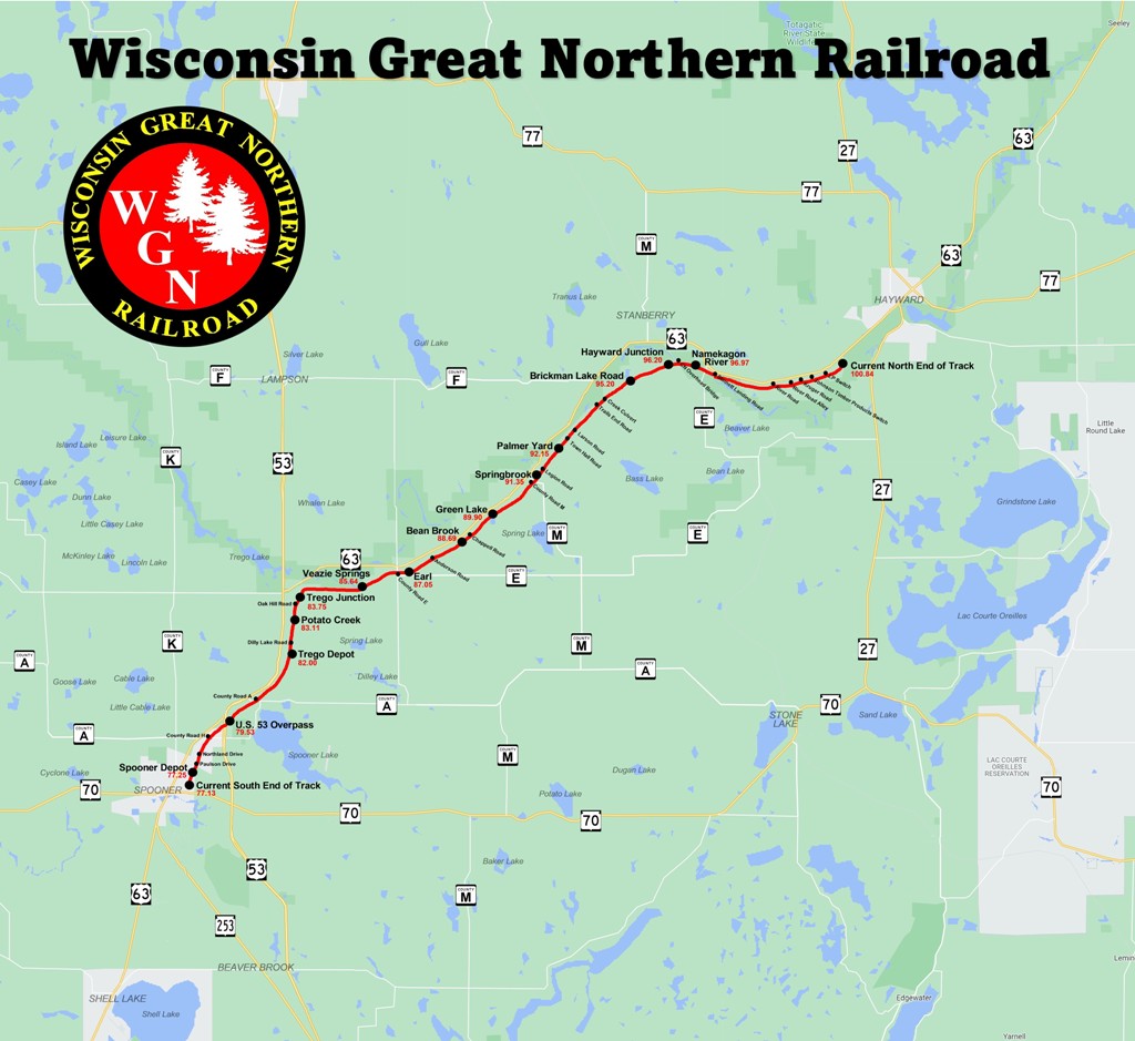 Map showing Wisconsin Great Northern Railroad route with stations and logo.