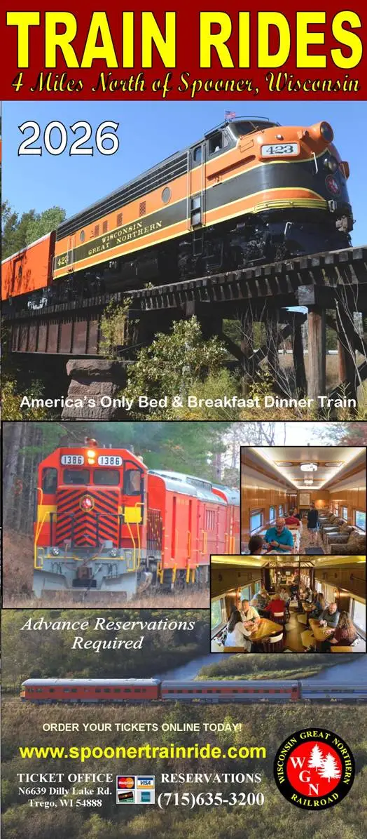 Train rides advertisement with images of trains and dining, promoting trips north of Spooner, Wisconsin.